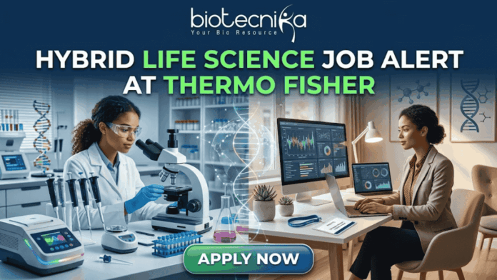 Hybrid Life Science Job Alert at Thermo Fisher Hybrid Life Science Job Alert at Thermo Fisher. A professional split-screen featured image for a "Hybrid Life Science Job Alert at Thermo Fisher." The left side shows a female scientist in a white lab coat working in a high-tech laboratory with a centrifuge. The right side shows a professional woman working on a laptop at a modern desk, representing remote work. A glowing DNA double helix is centered between the two scenes. The Biotecnika logo is at the top, and a large "APPLY NOW" button is at the bottom center.