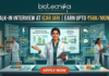 ICAR IARI Recruitment Walk-in Interview - Earn Upto ₹58Kmonth. A featured job advertisement image for Biotecnika. At the top center, the Biotecnika logo with the text "biotecnika Your Bio Resource" is displayed. Below it, a main headline in gold and white text reads: "WALK-IN INTERVIEW AT ICAR IARI | EARN UPTO ₹58K/MONTH". A young female scientist of South Asian descent in a lab coat smiles and holds a tablet, presenting behind a futuristic desk with an advanced screen. Translucent blue holographic panels float around her, displaying graphs, a microphone icon, a DNA helix, and plant illustrations. Text on the panels includes "Communicating Ag-Biotech Innovations" and "Effective Presentation of Data". Other diverse scientists are working in the background laboratory environment. At the bottom center, a large red "APPLY NOW" button is prominent.