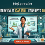 ICAR IARI Recruitment 2026: Walk-in Interview for Research Associate & SRF – Earn Upto ₹58,000/month ICAR IARI Recruitment Walk-in Interview - Earn Upto ₹58Kmonth. A featured job advertisement image for Biotecnika. At the top center, the Biotecnika logo with the text "biotecnika Your Bio Resource" is displayed. Below it, a main headline in gold and white text reads: "WALK-IN INTERVIEW AT ICAR IARI | EARN UPTO ₹58K/MONTH". A young female scientist of South Asian descent in a lab coat smiles and holds a tablet, presenting behind a futuristic desk with an advanced screen. Translucent blue holographic panels float around her, displaying graphs, a microphone icon, a DNA helix, and plant illustrations. Text on the panels includes "Communicating Ag-Biotech Innovations" and "Effective Presentation of Data". Other diverse scientists are working in the background laboratory environment. At the bottom center, a large red "APPLY NOW" button is prominent.