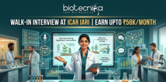 ICAR IARI Recruitment Walk-in Interview - Earn Upto ₹58Kmonth. A featured job advertisement image for Biotecnika. At the top center, the Biotecnika logo with the text "biotecnika Your Bio Resource" is displayed. Below it, a main headline in gold and white text reads: "WALK-IN INTERVIEW AT ICAR IARI | EARN UPTO ₹58K/MONTH". A young female scientist of South Asian descent in a lab coat smiles and holds a tablet, presenting behind a futuristic desk with an advanced screen. Translucent blue holographic panels float around her, displaying graphs, a microphone icon, a DNA helix, and plant illustrations. Text on the panels includes "Communicating Ag-Biotech Innovations" and "Effective Presentation of Data". Other diverse scientists are working in the background laboratory environment. At the bottom center, a large red "APPLY NOW" button is prominent.