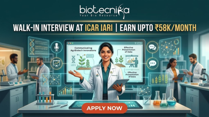 ICAR IARI Recruitment Walk-in Interview - Earn Upto ₹58Kmonth ICAR IARI Recruitment Walk-in Interview - Earn Upto ₹58Kmonth. A featured job advertisement image for Biotecnika. At the top center, the Biotecnika logo with the text "biotecnika Your Bio Resource" is displayed. Below it, a main headline in gold and white text reads: "WALK-IN INTERVIEW AT ICAR IARI | EARN UPTO ₹58K/MONTH". A young female scientist of South Asian descent in a lab coat smiles and holds a tablet, presenting behind a futuristic desk with an advanced screen. Translucent blue holographic panels float around her, displaying graphs, a microphone icon, a DNA helix, and plant illustrations. Text on the panels includes "Communicating Ag-Biotech Innovations" and "Effective Presentation of Data". Other diverse scientists are working in the background laboratory environment. At the bottom center, a large red "APPLY NOW" button is prominent.