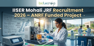 IISER Mohali JRF Recruitment 2026 – ANRF Funded Project | Apply Before Deadline! Junior Research Fellow (JRF) at IISER Mohali | Apply Now. A professional promotional image for the IISER Mohali JRF Recruitment 2026. At the top, the Biotecnika logo is displayed above the bold headline: "IISER Mohali JRF Recruitment 2026 – ANRF Funded Project." The scene features a young Indian female scientist in a white lab coat and safety glasses, meticulously working with a sophisticated bioreactor containing an orange-tinted culture. The background shows a bright, modern research facility with other scientists at work and a large window overlooking a lush, green university campus. To the left, a whiteboard is covered in complex chemical equations and the words "JRF PROJECT 2026." A prominent, glowing green "APPLY NOW" button is centered at the bottom of the frame.