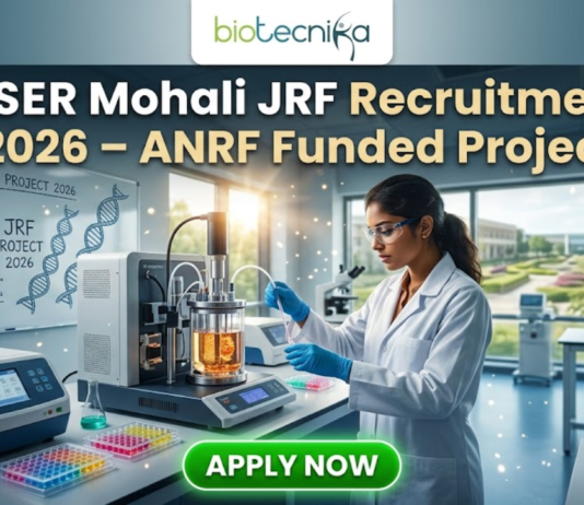 Junior Research Fellow (JRF) at IISER Mohali | Apply Now. A professional promotional image for the IISER Mohali JRF Recruitment 2026. At the top, the Biotecnika logo is displayed above the bold headline: "IISER Mohali JRF Recruitment 2026 – ANRF Funded Project." The scene features a young Indian female scientist in a white lab coat and safety glasses, meticulously working with a sophisticated bioreactor containing an orange-tinted culture. The background shows a bright, modern research facility with other scientists at work and a large window overlooking a lush, green university campus. To the left, a whiteboard is covered in complex chemical equations and the words "JRF PROJECT 2026." A prominent, glowing green "APPLY NOW" button is centered at the bottom of the frame.