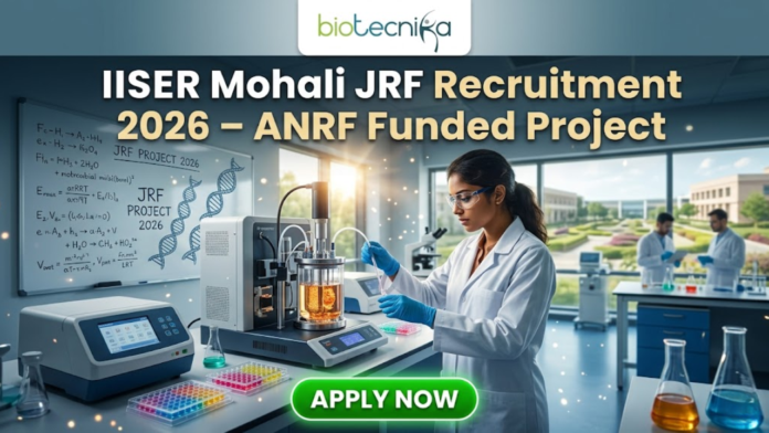 Junior Research Fellow (JRF) at IISER Mohali | Apply Now Junior Research Fellow (JRF) at IISER Mohali | Apply Now. A professional promotional image for the IISER Mohali JRF Recruitment 2026. At the top, the Biotecnika logo is displayed above the bold headline: "IISER Mohali JRF Recruitment 2026 – ANRF Funded Project." The scene features a young Indian female scientist in a white lab coat and safety glasses, meticulously working with a sophisticated bioreactor containing an orange-tinted culture. The background shows a bright, modern research facility with other scientists at work and a large window overlooking a lush, green university campus. To the left, a whiteboard is covered in complex chemical equations and the words "JRF PROJECT 2026." A prominent, glowing green "APPLY NOW" button is centered at the bottom of the frame.