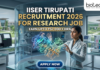 IISER Tirupati Recruitment for Research Job Earn Upto ₹57K. A high-tech, futuristic featured image for a research job recruitment at IISER Tirupati for 2026. The scene features a female researcher in a sleek, modern lab coat interacting with a glowing, holographic 3D protein model suspended in the air. The background showcases a state-of-the-art laboratory with advanced equipment and a view of the contemporary IISER Tirupati campus through large glass windows. The Biotecnika logo is positioned at the top right. The main heading "IISER TIRUPATI RECRUITMENT 2026 FOR RESEARCH JOB" is displayed in bold gold and white letters, accompanied by the tagline "EARN UPTO ₹57,000 + HRA." A prominent, glowing "APPLY NOW" button is located at the bottom center.