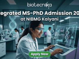 Integrated MS-PhD Admission 2026 at NIBMG Kalyani. A modern featured image for "Integrated MS-PhD Admission 2026 at NIBMG Kalyani." It shows a young scientist enthusiastically analyzing DNA sequencing data on a futuristic monitor in a genomics lab. Includes the Biotecnika logo and an "Apply Now" button.