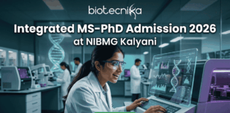 Integrated MS-PhD Admission 2026 at NIBMG Kalyani. A modern featured image for "Integrated MS-PhD Admission 2026 at NIBMG Kalyani." It shows a young scientist enthusiastically analyzing DNA sequencing data on a futuristic monitor in a genomics lab. Includes the Biotecnika logo and an "Apply Now" button.