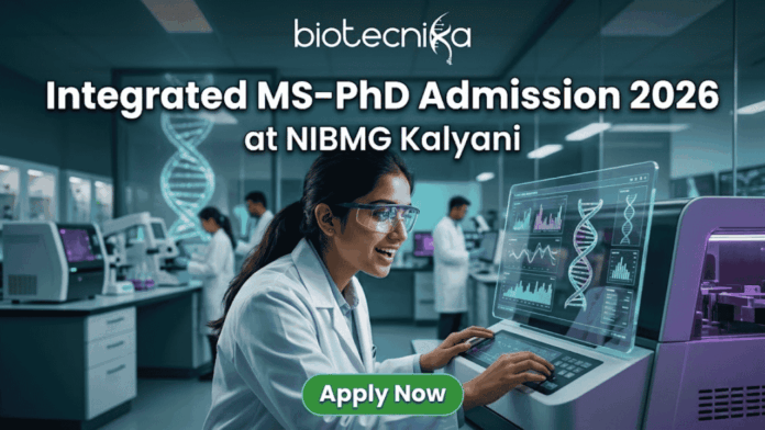 Integrated MS-PhD Admission 2026 at NIBMG Kalyani Integrated MS-PhD Admission 2026 at NIBMG Kalyani. A modern featured image for "Integrated MS-PhD Admission 2026 at NIBMG Kalyani." It shows a young scientist enthusiastically analyzing DNA sequencing data on a futuristic monitor in a genomics lab. Includes the Biotecnika logo and an "Apply Now" button.