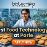 Latest Food Technology Job at Parle – BSc & BTech Graduates Apply Now. An advertisement featuring a smiling woman in a lab coat and safety glasses, working in a food production environment surrounded by futuristic holographic displays of "FLAVOR COMPOUNDS" and "NUTRIENT CHAINS." Large text reads "Latest Food Technology Job at Parle." At the top is the "biotecnika Your Bio Resource" logo, and a large "APPLY NOW" button is at the bottom. Trays of biscuits are on the counter.