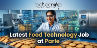 Latest Food Technology Job at Parle – BSc & BTech Graduates Apply Now. An advertisement featuring a smiling woman in a lab coat and safety glasses, working in a food production environment surrounded by futuristic holographic displays of "FLAVOR COMPOUNDS" and "NUTRIENT CHAINS." Large text reads "Latest Food Technology Job at Parle." At the top is the "biotecnika Your Bio Resource" logo, and a large "APPLY NOW" button is at the bottom. Trays of biscuits are on the counter.