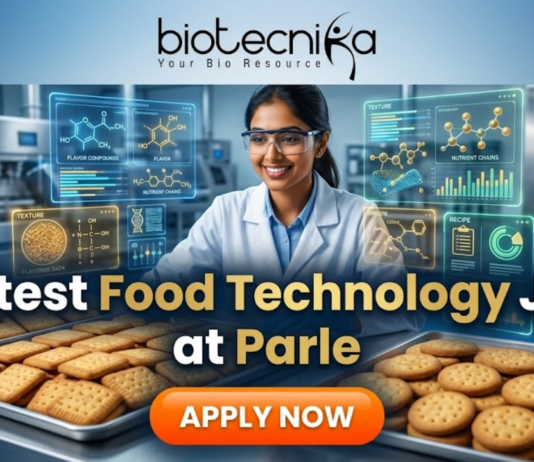 Latest Food Technology Job at Parle – BSc & BTech Graduates Apply Now. An advertisement featuring a smiling woman in a lab coat and safety glasses, working in a food production environment surrounded by futuristic holographic displays of "FLAVOR COMPOUNDS" and "NUTRIENT CHAINS." Large text reads "Latest Food Technology Job at Parle." At the top is the "biotecnika Your Bio Resource" logo, and a large "APPLY NOW" button is at the bottom. Trays of biscuits are on the counter.