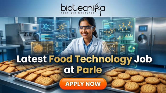 Latest Food Technology Job at Parle – BSc & BTech Graduates Apply Now Latest Food Technology Job at Parle – BSc & BTech Graduates Apply Now. An advertisement featuring a smiling woman in a lab coat and safety glasses, working in a food production environment surrounded by futuristic holographic displays of "FLAVOR COMPOUNDS" and "NUTRIENT CHAINS." Large text reads "Latest Food Technology Job at Parle." At the top is the "biotecnika Your Bio Resource" logo, and a large "APPLY NOW" button is at the bottom. Trays of biscuits are on the counter.