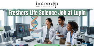 Latest Life Science Job at Lupin | Freshers Welcome to Apply Latest Life Science Job at Lupin Freshers Welcome to Apply. A professional 1280x720 featured image for a "Freshers Life Science Job at Lupin." The Biotecnika logo is placed at the top center. The main heading reads "Freshers Life Science Job at Lupin" in a bold, clean font. The background features a realistic, high-tech laboratory where three enthusiastic young scientists—two women and one man—are collaborating and smiling. One scientist is pointing toward a large monitor displaying detailed 3D protein structures and genomic data. The lab environment is bright and modern, filled with scientific equipment like microscopes and pipettes. At the bottom, a prominent green "APPLY NOW" button encourages viewers to take action.