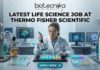 Latest Life Science Job at Thermo Fisher Scientific | Apply Before It Closes Latest Life Science Job at Thermo Fisher Scientific Apply Today. A professional and vibrant featured image for a "Latest Life Science Job at Thermo Fisher Scientific." The image showcases a scientist in a white lab coat and safety goggles, precisely working with a multichannel pipette and a multi-well plate filled with glowing blue and green liquids. The background is a futuristic, high-tech laboratory with advanced bioreactors and computer screens displaying molecular structures. The Biotecnika logo is featured at the top, the main job title is in bold black text in the center, and a sleek teal "APPLY NOW" button is positioned at the bottom.