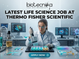 Latest Life Science Job at Thermo Fisher Scientific | Apply Before It Closes Latest Life Science Job at Thermo Fisher Scientific Apply Today. A professional and vibrant featured image for a "Latest Life Science Job at Thermo Fisher Scientific." The image showcases a scientist in a white lab coat and safety goggles, precisely working with a multichannel pipette and a multi-well plate filled with glowing blue and green liquids. The background is a futuristic, high-tech laboratory with advanced bioreactors and computer screens displaying molecular structures. The Biotecnika logo is featured at the top, the main job title is in bold black text in the center, and a sleek teal "APPLY NOW" button is positioned at the bottom.
