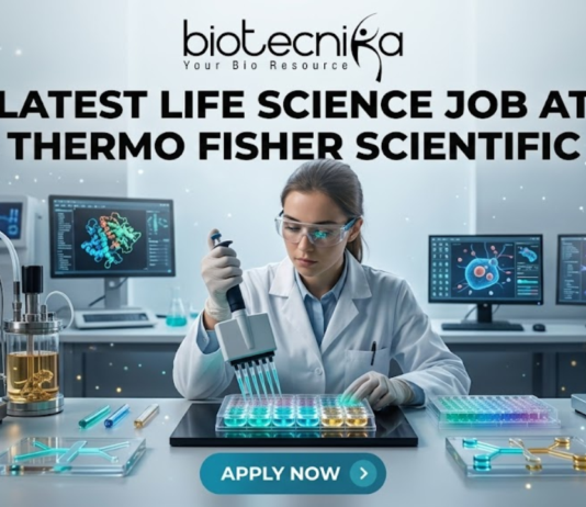 Latest Life Science Job at Thermo Fisher Scientific Apply Today. A professional and vibrant featured image for a "Latest Life Science Job at Thermo Fisher Scientific." The image showcases a scientist in a white lab coat and safety goggles, precisely working with a multichannel pipette and a multi-well plate filled with glowing blue and green liquids. The background is a futuristic, high-tech laboratory with advanced bioreactors and computer screens displaying molecular structures. The Biotecnika logo is featured at the top, the main job title is in bold black text in the center, and a sleek teal "APPLY NOW" button is positioned at the bottom.