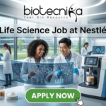 Life Science Job at Nestlé Nutrition Officer Role. A professional featured image titled "Life Science Job at Nestlé". The image showcases the Biotecnika logo at the top and a vibrant green "APPLY NOW" button at the bottom. The background depicts a bright, high-tech laboratory where two scientists—a woman and a man—are smiling and collaborating over a futuristic holographic display of molecular structures. Other researchers and advanced laboratory equipment are visible in the sleek, modern setting.