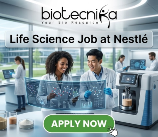 Life Science Job at Nestlé Nutrition Officer Role. A professional featured image titled "Life Science Job at Nestlé". The image showcases the Biotecnika logo at the top and a vibrant green "APPLY NOW" button at the bottom. The background depicts a bright, high-tech laboratory where two scientists—a woman and a man—are smiling and collaborating over a futuristic holographic display of molecular structures. Other researchers and advanced laboratory equipment are visible in the sleek, modern setting.