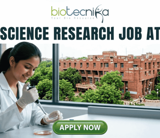 Life Science Research Job At Jawaharlal Nehru University (JNU). A high-quality featured image for a job page (1280x720) with the "biotecnika" logo and text at the top. Large, clear text reads: "MSc LIFE SCIENCE FRESHERS JOB at Thermo Fisher Scientific". Imagery shows a diverse group of four young scientists in lab coats and stylish casual wear collaborating enthusiastically around a transparent screen displaying a colourful 3D molecular model, within a sophisticated, sunlit laboratory. The background features unbranded lab equipment and natural light. A distinct green rectangular button at the bottom center has the text "Apply Now", with smaller text "MSc LIFE SCIENCE FRESHERS JOB" below it. The entire top section is framed by a deep teal textured banner. The scene is realistic, attractive, and conveys energy and discovery, suitable for going viral.