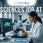 Life Sciences Job at TIGS Research Scientist & Support Roles. A professional featured image (1280x720) for a Life Sciences Job at TIGS. The scene depicts a modern, high-tech laboratory where a female scientist of South Asian descent is meticulously working with a microscope. To her left, a large computer monitor displays a glowing green digital 3D model of a mosquito overlaid with a DNA double helix, signifying genetic research. The Biotecnika logo is prominently placed at the top center. The text "LIFE SCIENCES JOB AT TIGS" is written in bold, white capital letters across the top. At the bottom center, there is a sleek, blue "APPLY NOW" button. The background shows a bright, clean research facility with other scientists in lab coats, creating an atmosphere of innovation and discovery.