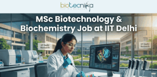 MSc Biotechnology & Biochemistry Job at IIT Delhi – Enzyme Assay Specialist Role Open Now! MSc Biotechnology & Biochemistry Job at IIT Delhi. A professional and realistic featured image for a job opening. At the top center is the Biotecnika Global logo, followed by large, bold text reading "MSc Biotechnology & Biochemistry Job at IIT Delhi." The central scene depicts a female researcher in a white lab coat working in a high-tech laboratory, using a pipette on colorful samples while viewing a 3D molecular structure on a large monitor. The background shows advanced lab equipment and a clear view of the IIT Delhi Research campus through large windows. At the bottom, there is a prominent teal button that says "APPLY NOW" with a white arrow icon.