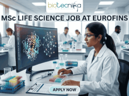 MSc Life Science Job At Eurofins | Apply Before It's Gone. A featured image for a job advertisement titled "MSc LIFE SCIENCE JOB AT EUROFINS." The image depicts a high-tech, modern laboratory setting. In the foreground, a female scientist in a white lab coat is seated at a desk, looking intently at a large computer monitor displaying complex, colorful 3D molecular structures. The lab is bright and clean, featuring various scientific instruments including pipettes, test tubes filled with multi-colored liquids, and high-end analytical machinery in the background where other scientists are also working. At the top center, there is a white rectangular banner with the "biotecnika" logo. Below the main heading, which is written in bold, dark blue letters, there is a prominent, glowing light-blue "APPLY NOW" button at the bottom center. The overall aesthetic is professional, realistic, and sleek.