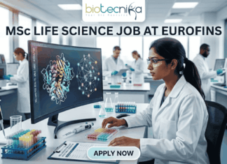 MSc Life Science Job Alert: Kickstart Your Career with Eurofins in Business Development! MSc Life Science Job At Eurofins | Apply Before It's Gone. A featured image for a job advertisement titled "MSc LIFE SCIENCE JOB AT EUROFINS." The image depicts a high-tech, modern laboratory setting. In the foreground, a female scientist in a white lab coat is seated at a desk, looking intently at a large computer monitor displaying complex, colorful 3D molecular structures. The lab is bright and clean, featuring various scientific instruments including pipettes, test tubes filled with multi-colored liquids, and high-end analytical machinery in the background where other scientists are also working. At the top center, there is a white rectangular banner with the "biotecnika" logo. Below the main heading, which is written in bold, dark blue letters, there is a prominent, glowing light-blue "APPLY NOW" button at the bottom center. The overall aesthetic is professional, realistic, and sleek.