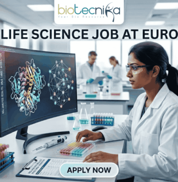 MSc Life Science Job Alert: Kickstart Your Career with Eurofins in Business Development! MSc Life Science Job At Eurofins | Apply Before It's Gone. A featured image for a job advertisement titled "MSc LIFE SCIENCE JOB AT EUROFINS." The image depicts a high-tech, modern laboratory setting. In the foreground, a female scientist in a white lab coat is seated at a desk, looking intently at a large computer monitor displaying complex, colorful 3D molecular structures. The lab is bright and clean, featuring various scientific instruments including pipettes, test tubes filled with multi-colored liquids, and high-end analytical machinery in the background where other scientists are also working. At the top center, there is a white rectangular banner with the "biotecnika" logo. Below the main heading, which is written in bold, dark blue letters, there is a prominent, glowing light-blue "APPLY NOW" button at the bottom center. The overall aesthetic is professional, realistic, and sleek.