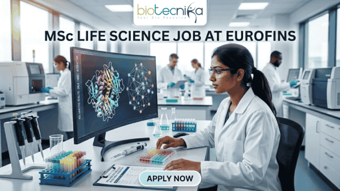 MSc Life Science Job At Eurofins | Apply Before It's Gone MSc Life Science Job At Eurofins | Apply Before It's Gone. A featured image for a job advertisement titled "MSc LIFE SCIENCE JOB AT EUROFINS." The image depicts a high-tech, modern laboratory setting. In the foreground, a female scientist in a white lab coat is seated at a desk, looking intently at a large computer monitor displaying complex, colorful 3D molecular structures. The lab is bright and clean, featuring various scientific instruments including pipettes, test tubes filled with multi-colored liquids, and high-end analytical machinery in the background where other scientists are also working. At the top center, there is a white rectangular banner with the "biotecnika" logo. Below the main heading, which is written in bold, dark blue letters, there is a prominent, glowing light-blue "APPLY NOW" button at the bottom center. The overall aesthetic is professional, realistic, and sleek.