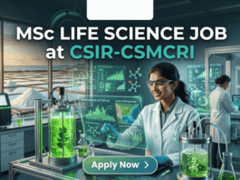 MSc Life Science Job at CSIR-CSMCRI Apply For JRF Role Today!! A unique featured image for "MSc Life Science Job at CSIR-CSMCRI." It depicts a scientist in a specialized lab focusing on marine biotechnology, with bioreactors containing green algae in the foreground and a view of salt pans at sunset through the window. The Biotecnika logo is at the top, and a green "Apply Now" button is at the bottom.