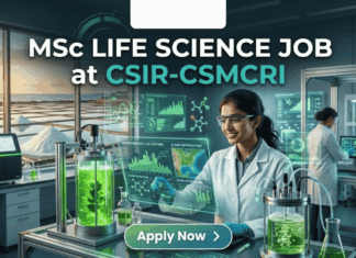 MSc Life Science Job at CSIR-CSMCRI | Apply For JRF Role Today!! MSc Life Science Job at CSIR-CSMCRI Apply For JRF Role Today!! A unique featured image for "MSc Life Science Job at CSIR-CSMCRI." It depicts a scientist in a specialized lab focusing on marine biotechnology, with bioreactors containing green algae in the foreground and a view of salt pans at sunset through the window. The Biotecnika logo is at the top, and a green "Apply Now" button is at the bottom.