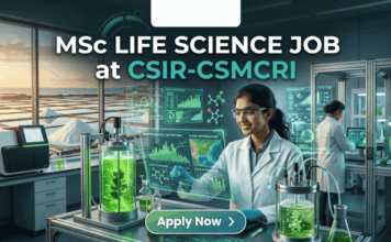 MSc Life Science Job at CSIR-CSMCRI | Apply For JRF Role Today!! MSc Life Science Job at CSIR-CSMCRI Apply For JRF Role Today!! A unique featured image for "MSc Life Science Job at CSIR-CSMCRI." It depicts a scientist in a specialized lab focusing on marine biotechnology, with bioreactors containing green algae in the foreground and a view of salt pans at sunset through the window. The Biotecnika logo is at the top, and a green "Apply Now" button is at the bottom.