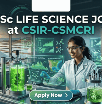 MSc Life Science Job at CSIR-CSMCRI | Apply For JRF Role Today!! MSc Life Science Job at CSIR-CSMCRI Apply For JRF Role Today!! A unique featured image for "MSc Life Science Job at CSIR-CSMCRI." It depicts a scientist in a specialized lab focusing on marine biotechnology, with bioreactors containing green algae in the foreground and a view of salt pans at sunset through the window. The Biotecnika logo is at the top, and a green "Apply Now" button is at the bottom.