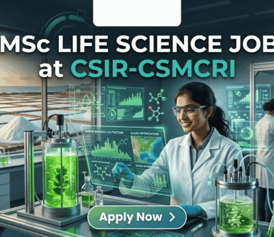MSc Life Science Job at CSIR-CSMCRI Apply For JRF Role Today!! A unique featured image for "MSc Life Science Job at CSIR-CSMCRI." It depicts a scientist in a specialized lab focusing on marine biotechnology, with bioreactors containing green algae in the foreground and a view of salt pans at sunset through the window. The Biotecnika logo is at the top, and a green "Apply Now" button is at the bottom.