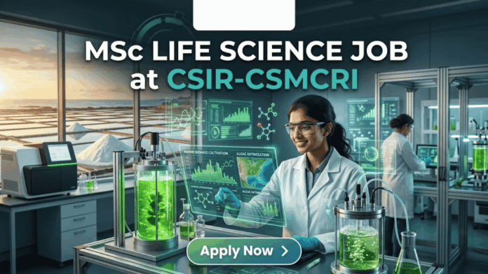 MSc Life Science Job at CSIR-CSMCRI Apply For JRF Role Today!! MSc Life Science Job at CSIR-CSMCRI Apply For JRF Role Today!! A unique featured image for "MSc Life Science Job at CSIR-CSMCRI." It depicts a scientist in a specialized lab focusing on marine biotechnology, with bioreactors containing green algae in the foreground and a view of salt pans at sunset through the window. The Biotecnika logo is at the top, and a green "Apply Now" button is at the bottom.