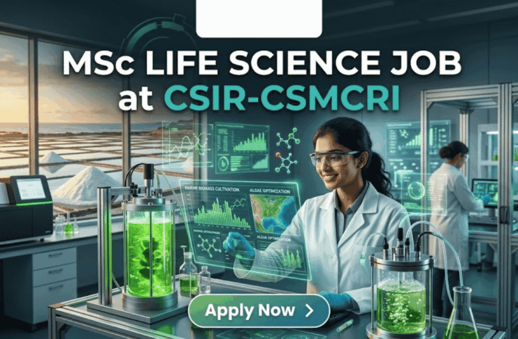 MSc Life Science Job at CSIR-CSMCRI | Apply For JRF Role Today!! MSc Life Science Job at CSIR-CSMCRI Apply For JRF Role Today!! A unique featured image for "MSc Life Science Job at CSIR-CSMCRI." It depicts a scientist in a specialized lab focusing on marine biotechnology, with bioreactors containing green algae in the foreground and a view of salt pans at sunset through the window. The Biotecnika logo is at the top, and a green "Apply Now" button is at the bottom.