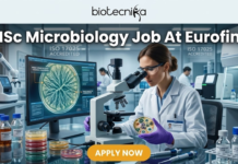 MSc Microbiology Job Alert: Eurofins Hiring Research Scientists in Bengaluru – Apply Now! MSc Microbiology Job Alert Eurofins Hiring Research Scientists in Bengaluru – Apply Now! A high-quality, professional featured image for an "MSc Microbiology Job At Eurofins." The image features a female microbiologist in a white lab coat and purple gloves, carefully examining a petri dish containing a microbial culture. She is working at a modern lab bench equipped with a high-end microscope and a computer monitor displaying a digital analysis of a bacterial colony. The laboratory background is clean and advanced, with signs indicating "ISO 17025 ACCREDITED." The Biotecnika logo is prominent at the top center, the main job title is displayed in bold white text, and a vibrant orange "APPLY NOW" button is positioned at the bottom.