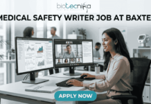Medical Safety Writer Job at Baxter – High Demand Life Science Role in Ahmedabad! Medical Safety Writer Job at Baxter – High Demand Life Science Role in Ahmedabad! A sleek, realistic featured image for a career opportunity. The Biotecnika logo is at the top. The bold heading "MEDICAL SAFETY WRITER JOB AT BAXTER" spans the upper section. The image depicts a female professional sitting at a clean, modern desk with dual monitors; one screen shows data charts and the other shows a video conference with colleagues. The setting is a bright, contemporary office with a DNA model in the background. A blue and teal gradient "APPLY NOW" button is located at the bottom center.
