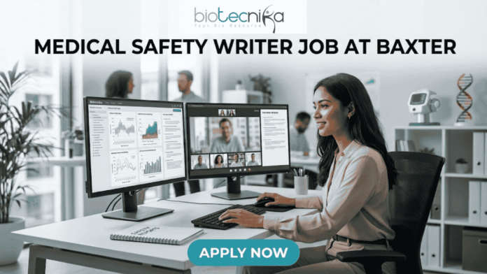 Medical Safety Writer Job at Baxter – High Demand Life Science Role in Ahmedabad! Medical Safety Writer Job at Baxter – High Demand Life Science Role in Ahmedabad! A sleek, realistic featured image for a career opportunity. The Biotecnika logo is at the top. The bold heading "MEDICAL SAFETY WRITER JOB AT BAXTER" spans the upper section. The image depicts a female professional sitting at a clean, modern desk with dual monitors; one screen shows data charts and the other shows a video conference with colleagues. The setting is a bright, contemporary office with a DNA model in the background. A blue and teal gradient "APPLY NOW" button is located at the bottom center.