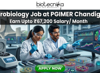 Microbiology Job Alert 2026 – Research Scientist Opening at PGIMER Chandigarh with ₹67,200 Salary! A vibrant microbiology lab featuring researchers working with Petri dishes and automated lab equipment. The tagline "Earn Upto ₹67,200 Salary/ Month" is displayed at the top. The Open Hand Monument is visible in the background. The Biotecnika logo is at the top, and a green "APPLY NOW" button is at the bottom.