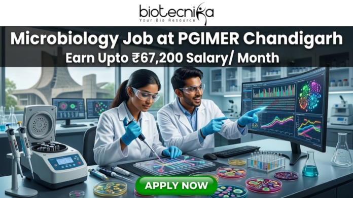 Microbiology Job at PGIMER Chandigarh Earn Upto ₹67,200 A vibrant microbiology lab featuring researchers working with Petri dishes and automated lab equipment. The tagline "Earn Upto ₹67,200 Salary/ Month" is displayed at the top. The Open Hand Monument is visible in the background. The Biotecnika logo is at the top, and a green "APPLY NOW" button is at the bottom.