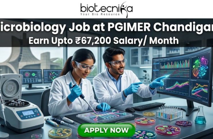 Microbiology Job Alert 2026 – Research Scientist Opening at PGIMER Chandigarh with ₹67,200 Salary! A vibrant microbiology lab featuring researchers working with Petri dishes and automated lab equipment. The tagline "Earn Upto ₹67,200 Salary/ Month" is displayed at the top. The Open Hand Monument is visible in the background. The Biotecnika logo is at the top, and a green "APPLY NOW" button is at the bottom.