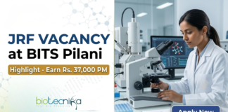JRF Vacancy at BITS Pilani. Biological Sciences Candidates, Apply Now & Earn Rs. 37,000 Per Month. Junior Research Fellow Opportunity.