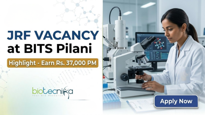 JRF Vacancy at BITS Pilani. Biological Sciences Candidates, Apply Now & Earn Rs. 37,000 Per Month. Junior Research Fellow Opportunity. JRF Vacancy at BITS Pilani. Biological Sciences Candidates, Apply Now & Earn Rs. 37,000 Per Month. Junior Research Fellow Opportunity.