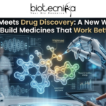 AI Meets Drug Discovery: A New Way to Build Medicines. A futuristic 1280x720 featured image for a news article. At the top center is the Biotecnika logo. Below it, the headline reads: "AI Meets Drug Discovery: A New Way to Build Medicines That Work Better." The visual features a high-tech laboratory where a robotic arm with glowing blue circuitry uses a precision needle to manipulate a glowing 3D molecular structure. Surrounding the molecule are holographic data interfaces showing neural networks, chemical analysis charts, and text labels like "Dynamic binding energy." In the blurred background, scientists work in a modern lab with advanced medical equipment, blending the themes of artificial intelligence and pharmaceutical research.