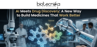 AI Meets Drug Discovery: A New Way to Build Medicines That Work Better AI Meets Drug Discovery: A New Way to Build Medicines. A futuristic 1280x720 featured image for a news article. At the top center is the Biotecnika logo. Below it, the headline reads: "AI Meets Drug Discovery: A New Way to Build Medicines That Work Better." The visual features a high-tech laboratory where a robotic arm with glowing blue circuitry uses a precision needle to manipulate a glowing 3D molecular structure. Surrounding the molecule are holographic data interfaces showing neural networks, chemical analysis charts, and text labels like "Dynamic binding energy." In the blurred background, scientists work in a modern lab with advanced medical equipment, blending the themes of artificial intelligence and pharmaceutical research.