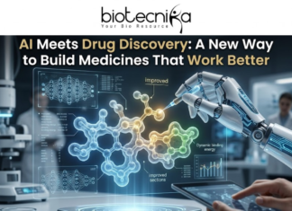 AI Meets Drug Discovery: A New Way to Build Medicines That Work Better AI Meets Drug Discovery: A New Way to Build Medicines. A futuristic 1280x720 featured image for a news article. At the top center is the Biotecnika logo. Below it, the headline reads: "AI Meets Drug Discovery: A New Way to Build Medicines That Work Better." The visual features a high-tech laboratory where a robotic arm with glowing blue circuitry uses a precision needle to manipulate a glowing 3D molecular structure. Surrounding the molecule are holographic data interfaces showing neural networks, chemical analysis charts, and text labels like "Dynamic binding energy." In the blurred background, scientists work in a modern lab with advanced medical equipment, blending the themes of artificial intelligence and pharmaceutical research.