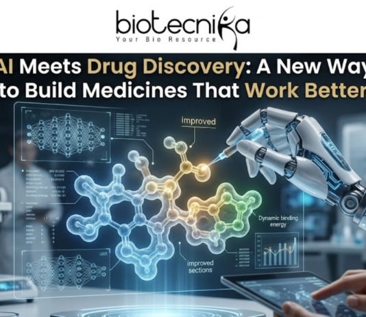 AI Meets Drug Discovery: A New Way to Build Medicines. A futuristic 1280x720 featured image for a news article. At the top center is the Biotecnika logo. Below it, the headline reads: "AI Meets Drug Discovery: A New Way to Build Medicines That Work Better." The visual features a high-tech laboratory where a robotic arm with glowing blue circuitry uses a precision needle to manipulate a glowing 3D molecular structure. Surrounding the molecule are holographic data interfaces showing neural networks, chemical analysis charts, and text labels like "Dynamic binding energy." In the blurred background, scientists work in a modern lab with advanced medical equipment, blending the themes of artificial intelligence and pharmaceutical research.