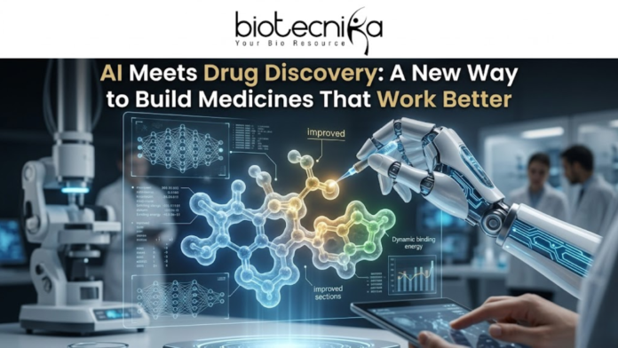 NEWS AI Meets Drug Discovery A New Way to Build Medicines That Work Better AI Meets Drug Discovery: A New Way to Build Medicines. A futuristic 1280x720 featured image for a news article. At the top center is the Biotecnika logo. Below it, the headline reads: "AI Meets Drug Discovery: A New Way to Build Medicines That Work Better." The visual features a high-tech laboratory where a robotic arm with glowing blue circuitry uses a precision needle to manipulate a glowing 3D molecular structure. Surrounding the molecule are holographic data interfaces showing neural networks, chemical analysis charts, and text labels like "Dynamic binding energy." In the blurred background, scientists work in a modern lab with advanced medical equipment, blending the themes of artificial intelligence and pharmaceutical research.