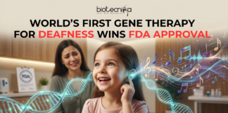 NEWS World’s First Gene Therapy for Deafness Wins FDA Approval. An emotionally powerful, 1280x720 featured image for a news article titled "WORLD’S FIRST GENE THERAPY FOR DEAFNESS WINS FDA APPROVAL." At the top center sits the black Biotecnika logo. The central focus is a young girl with an expression of pure joy and wonder, touching her ear as a glowing, ethereal DNA double helix transforms into vibrant, colorful musical notes and sound waves flowing toward her. In the soft-focus background, a mother watches with tears of happiness, and an FDA certificate is visible on a desk. The overall scene blends medical breakthrough with human emotion in a warm, clinical yet hopeful setting.
